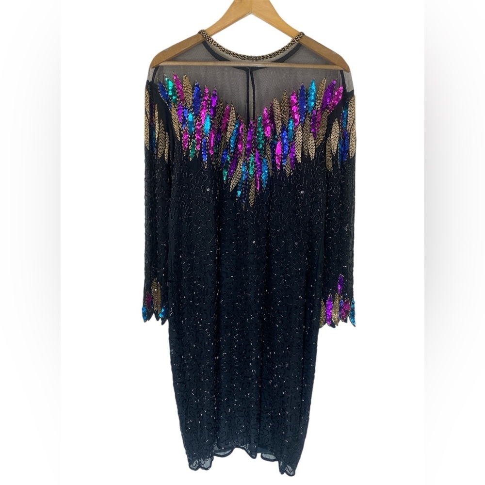 Vintage Erica Louis Beaded Silk Dress – Black Sequin Long Sleeve Elegant Gown